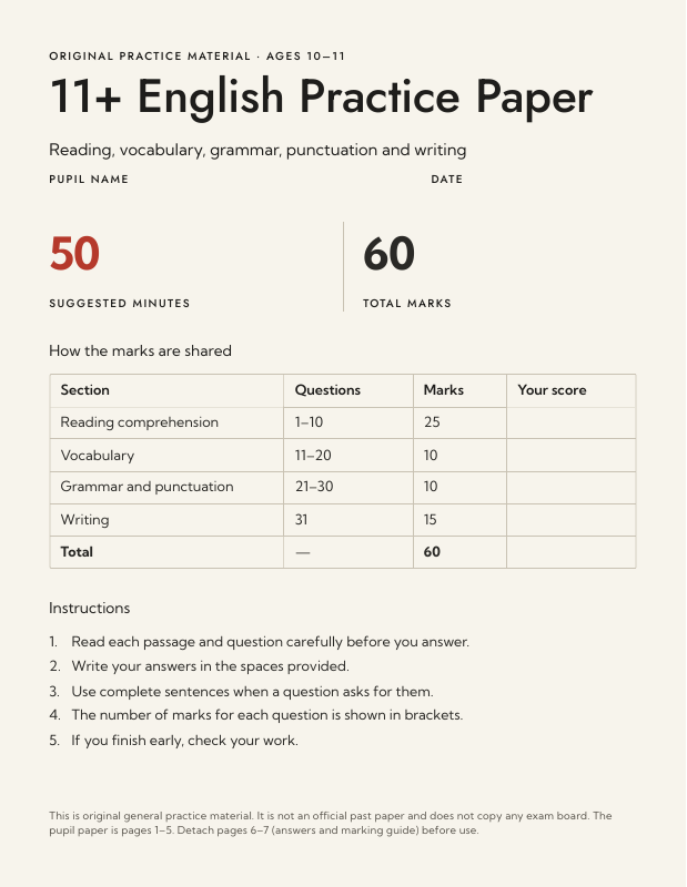 11+ English Practice Paper New Lesson 1 cover