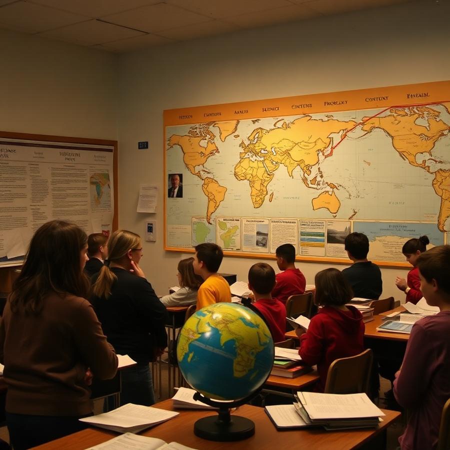 A history classroom with a world map, timeline and students reviewing primary sources