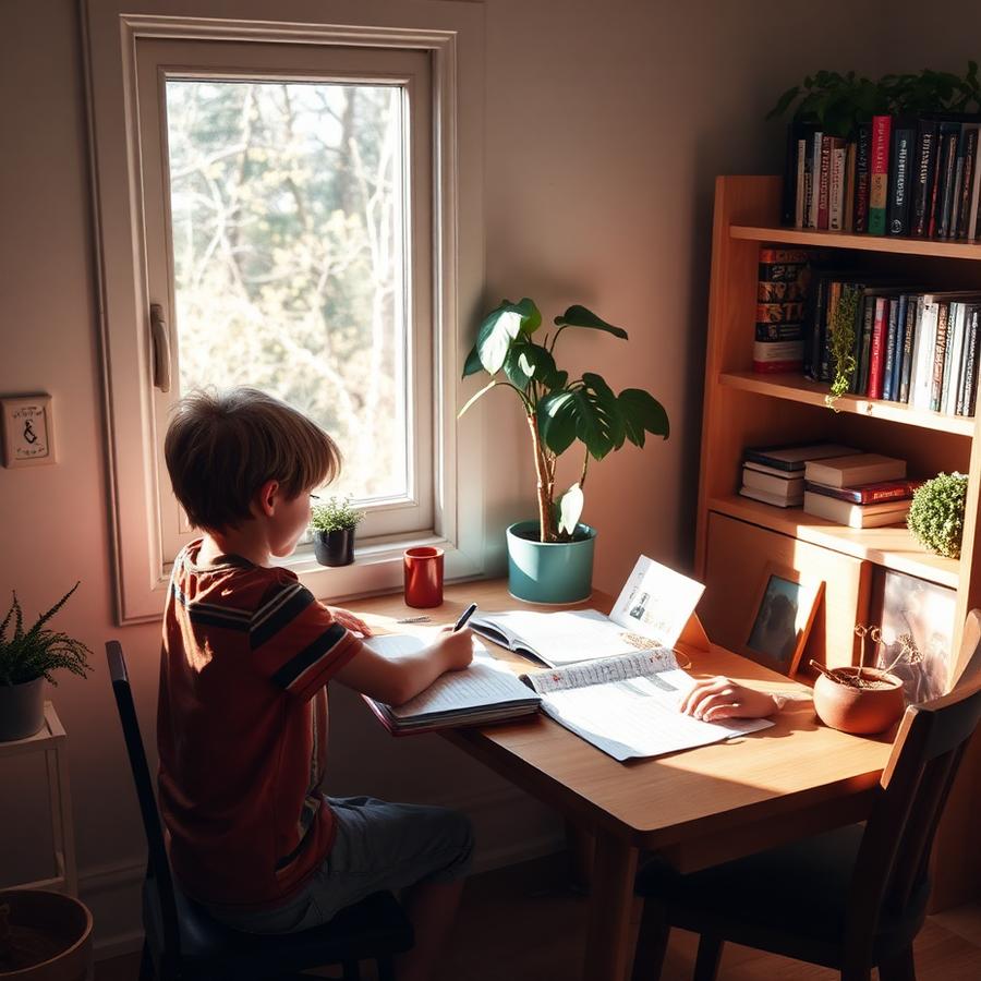 A homeschool study corner with a student working through curriculum by a bright window