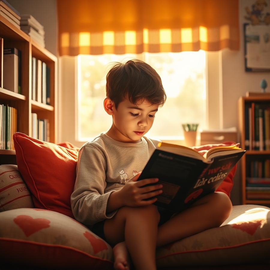 An upper elementary student reading in a cosy classroom reading nook
