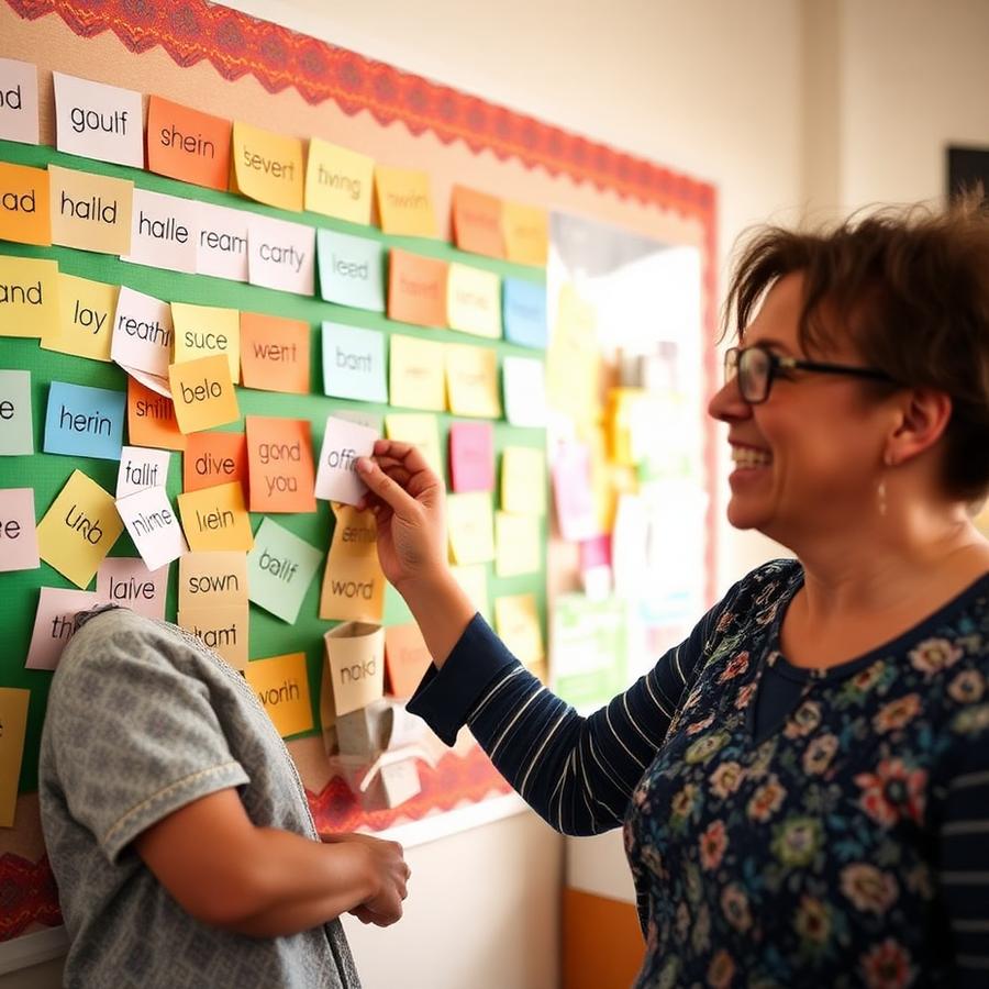 A teacher and student adding a card to a colourful classroom word wall