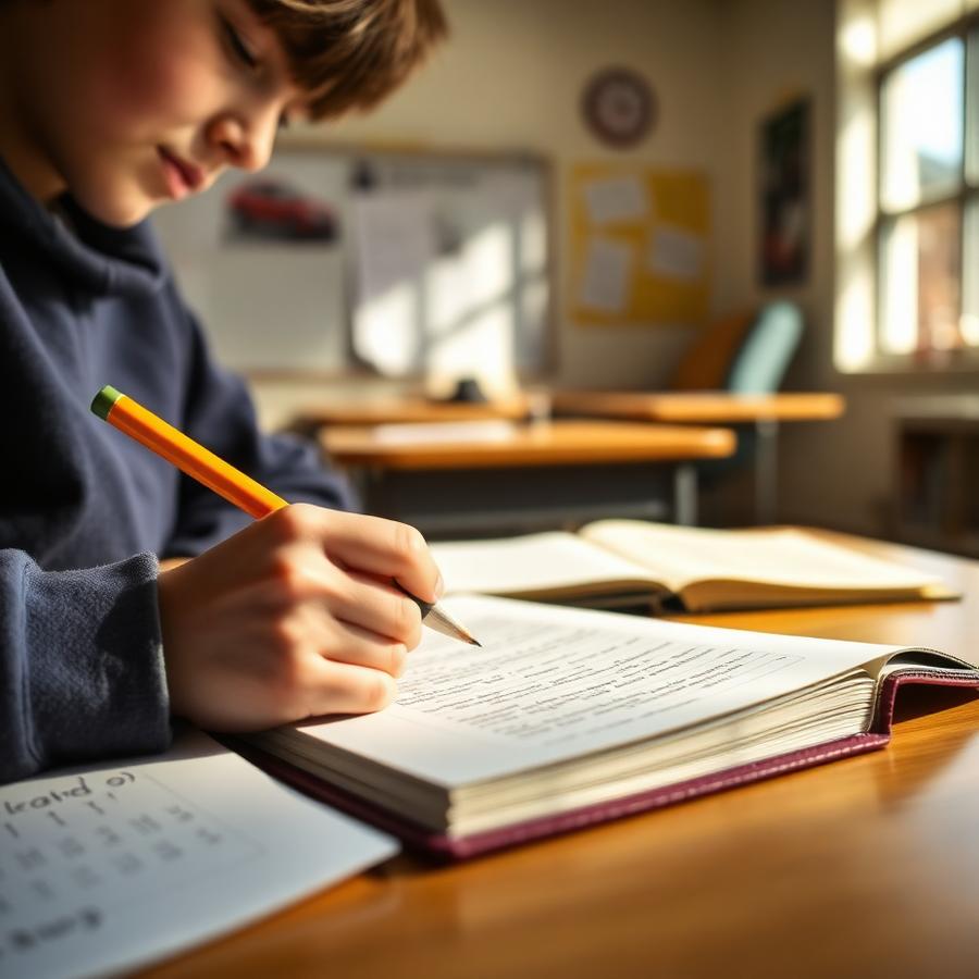A middle school student drafting an essay in a notebook